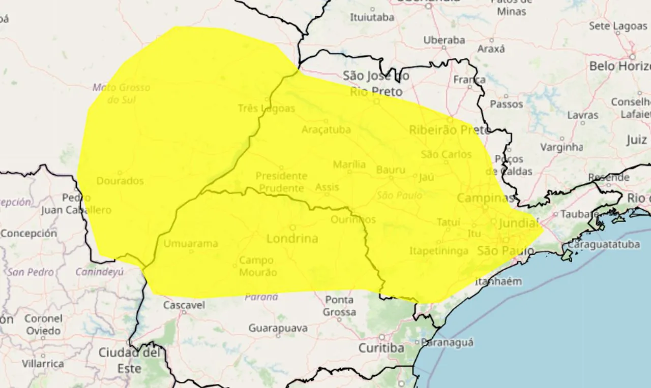 O mapa mostra as áreas em alerta amarelo para vendaval 